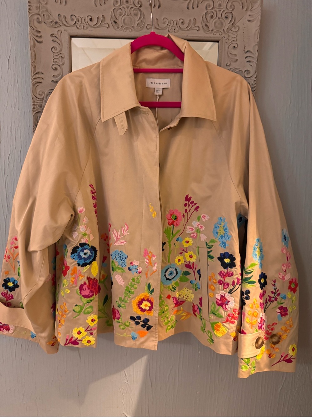 *VIRAL* Beige Embroidered Floral Trench Coat